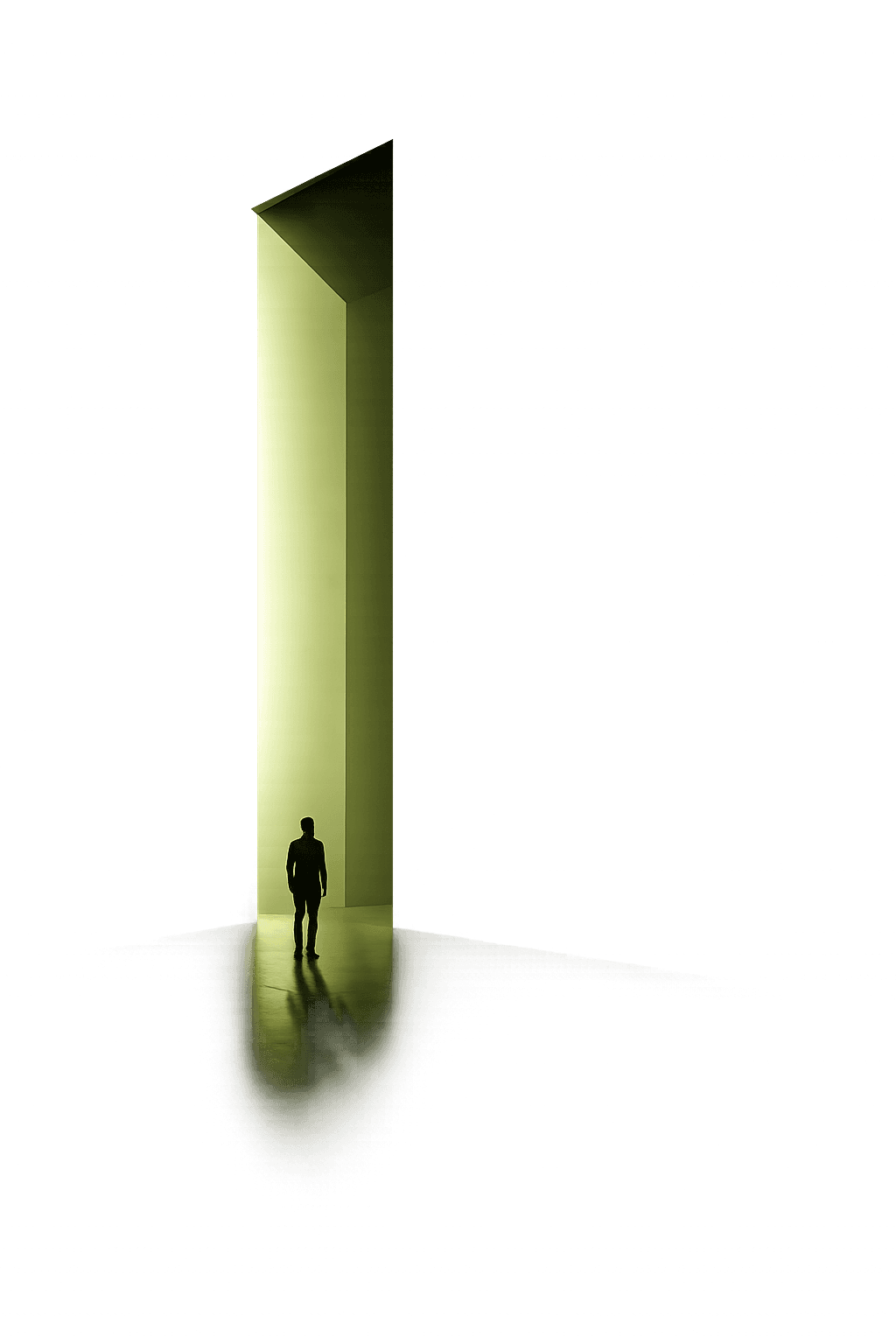 A figure walking toward a tall doorway of light